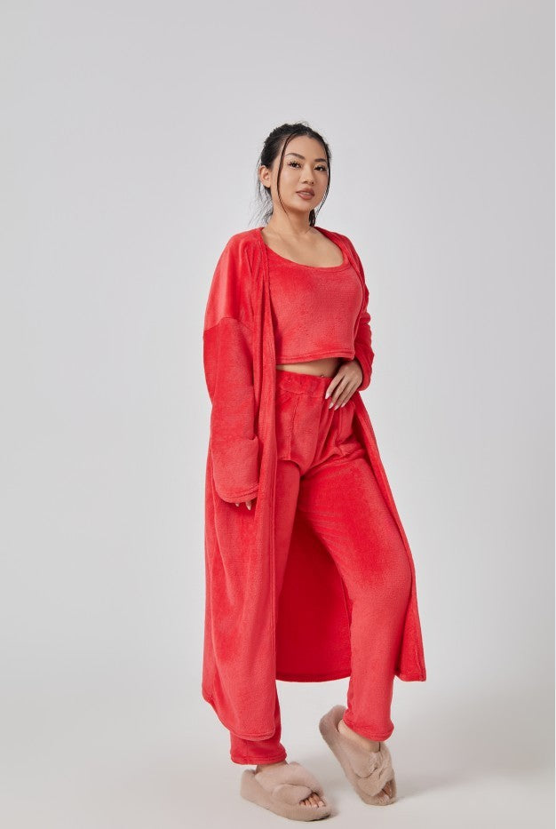 Cozy 3-Piece Women’s Loungewear Set – Crop Top, Wide-Leg Pants & Cardigan