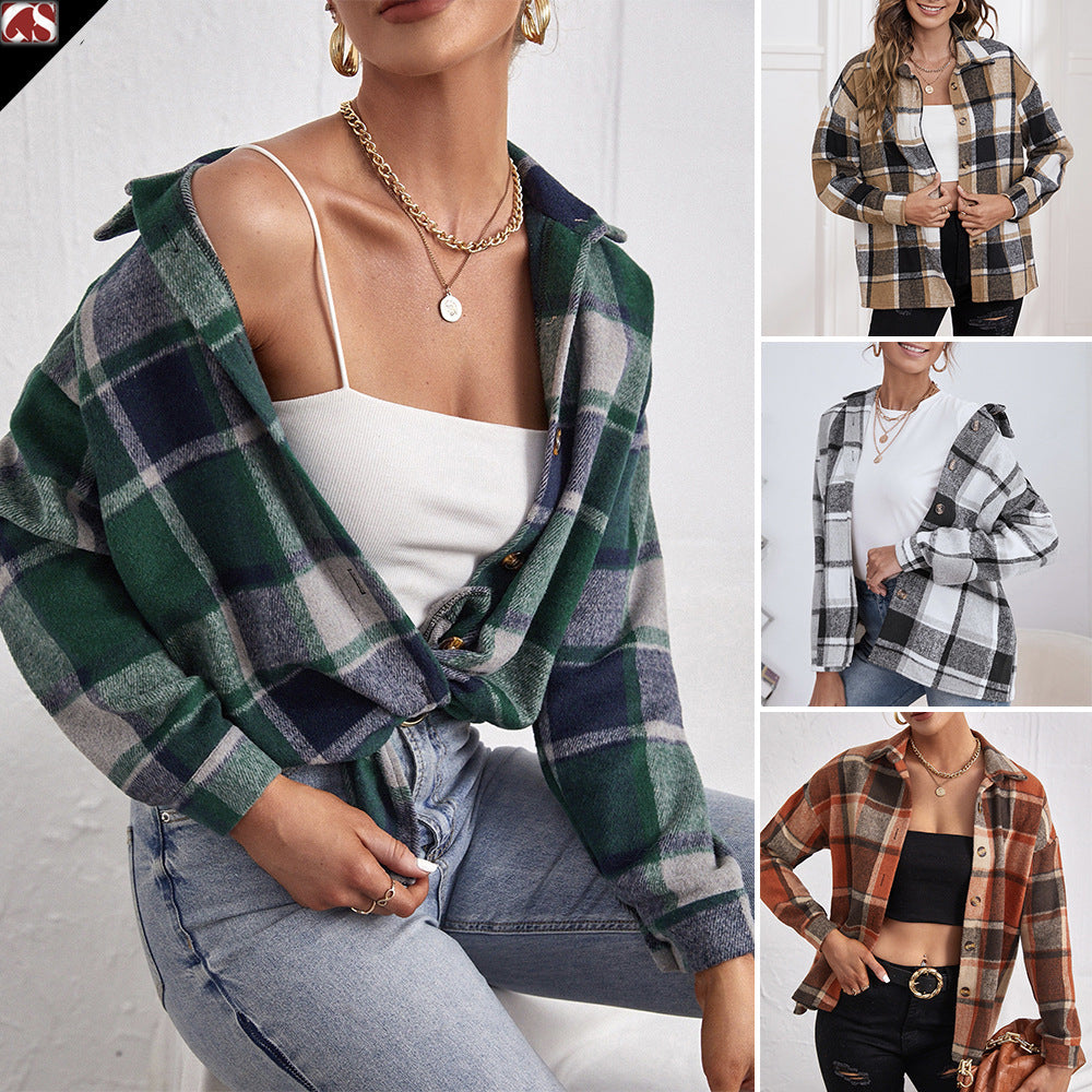✨ Plaid Woolen Lapel Cardigan – Elegant Single-Breasted Coat for Women