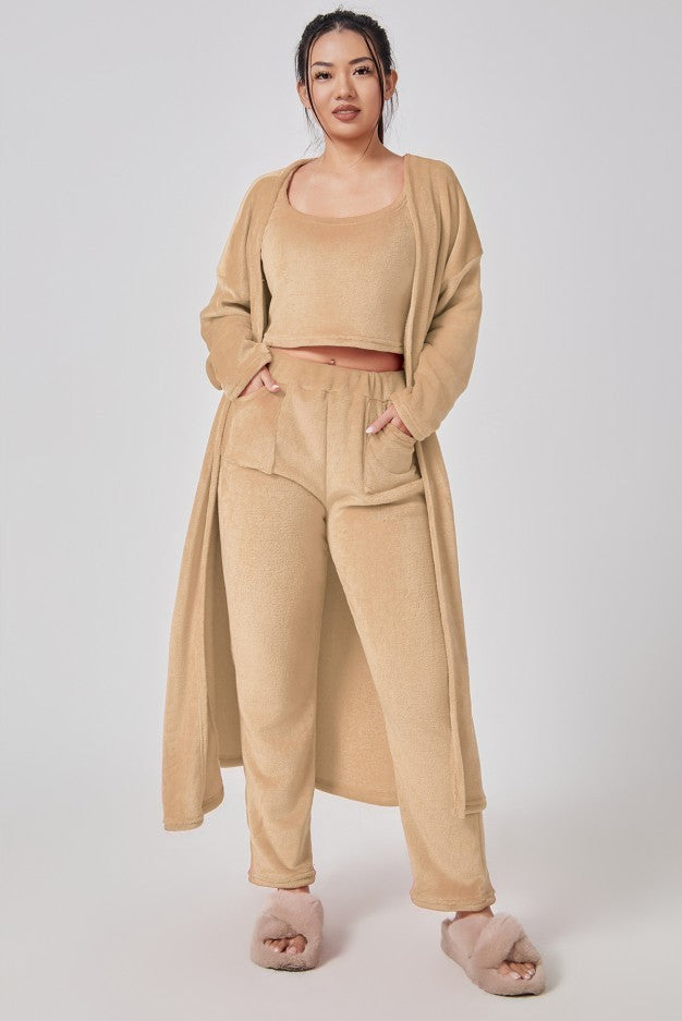 Cozy 3-Piece Women’s Loungewear Set – Crop Top, Wide-Leg Pants & Cardigan