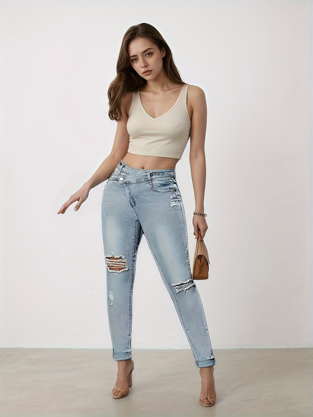 Denim Jeans, Small Foot Design Slim Fit Denim Leggings, Equipped With A Beautiful Waist Belt