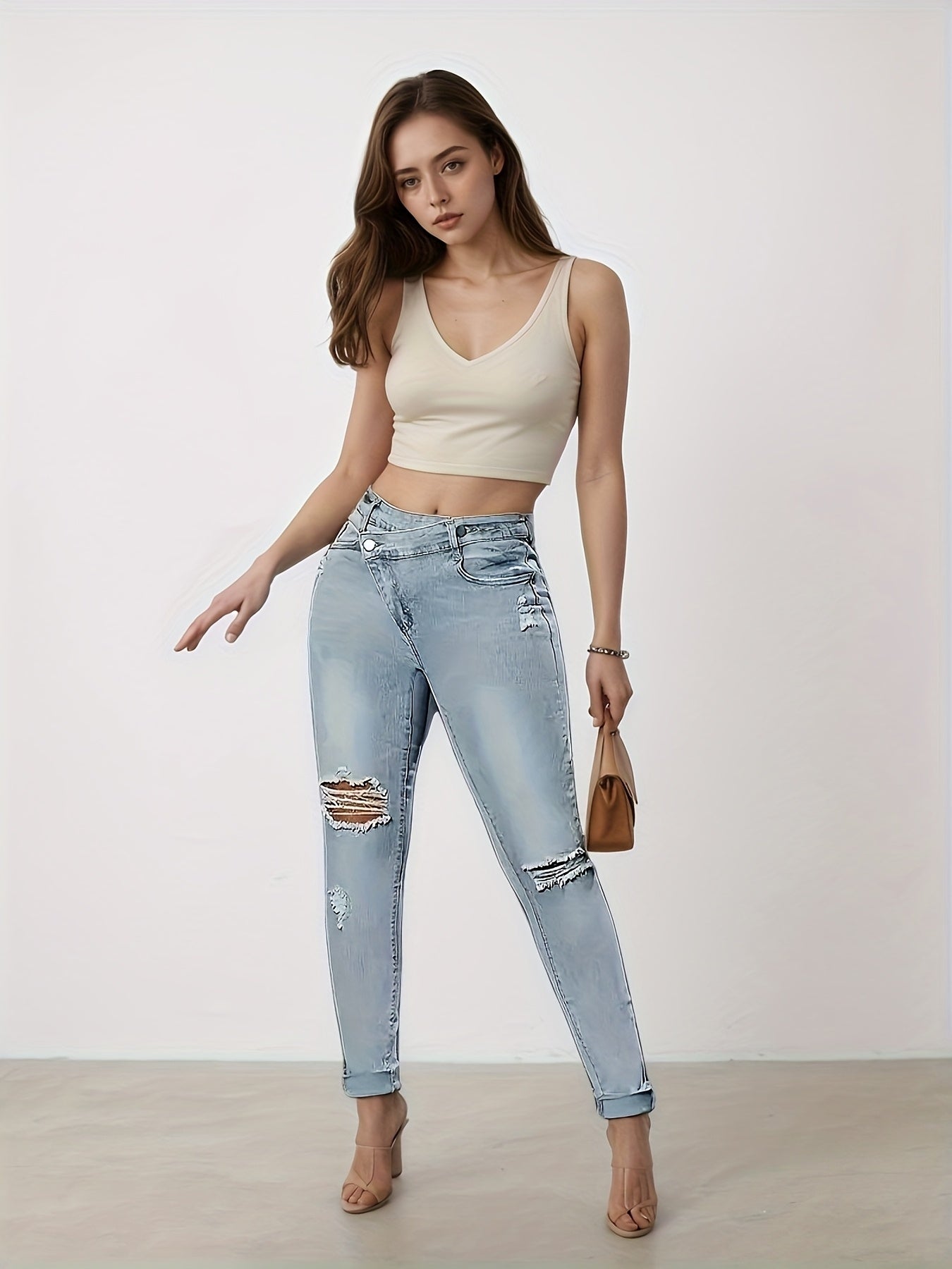 Denim Jeans, Small Foot Design Slim Fit Denim Leggings, Equipped With A Beautiful Waist Belt