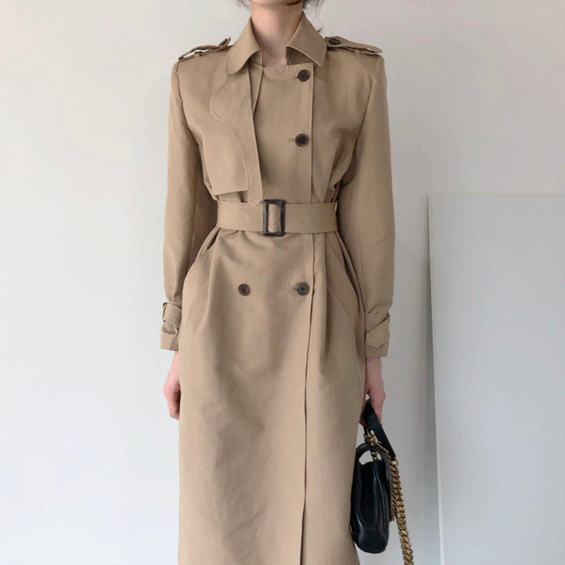 Lapel Double Breasted Nipped Waist Straight Over-the-Knee Mid-Length Trench Coat