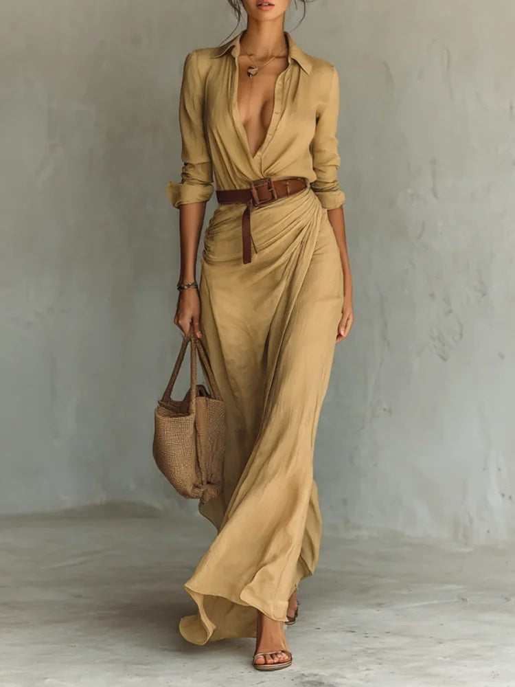 Elegant Button Lapel Long-sleeved Shirt Dresses