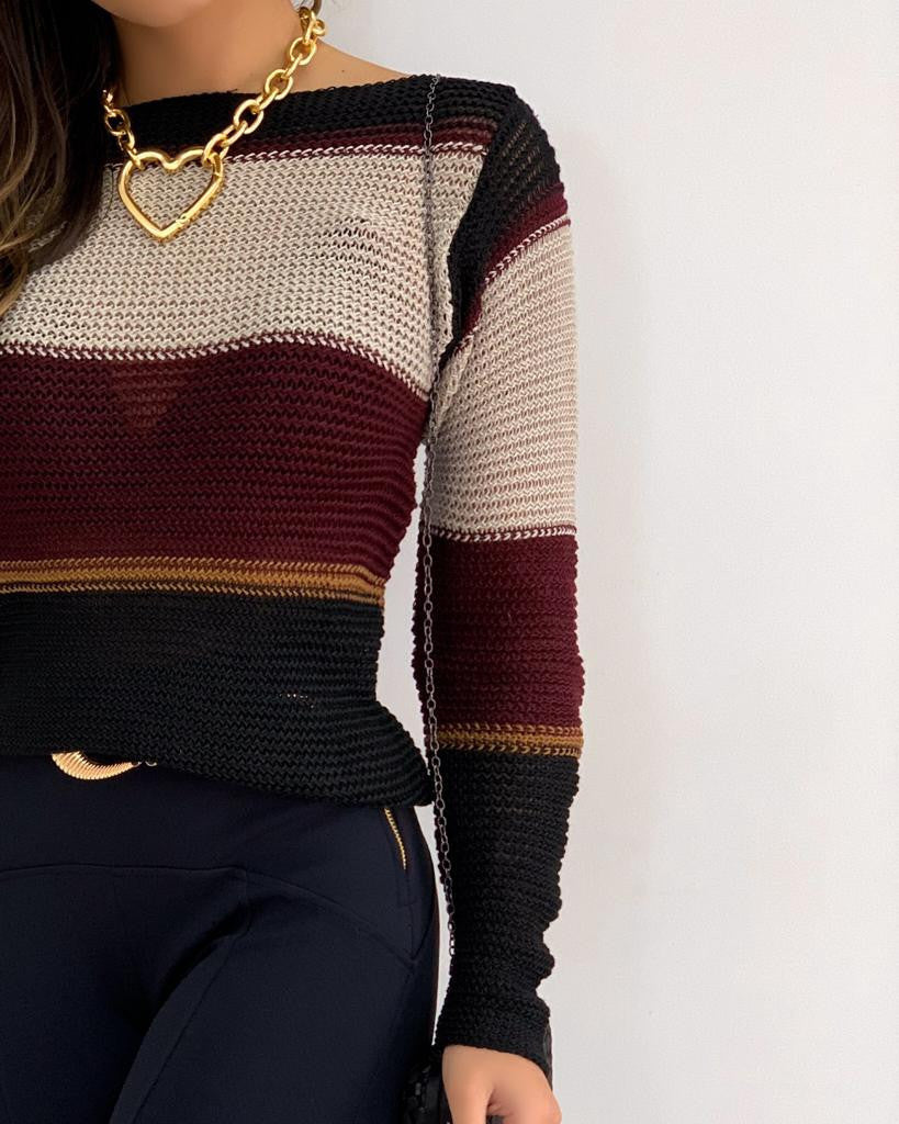 Fashion color matching hollow pullover sweater