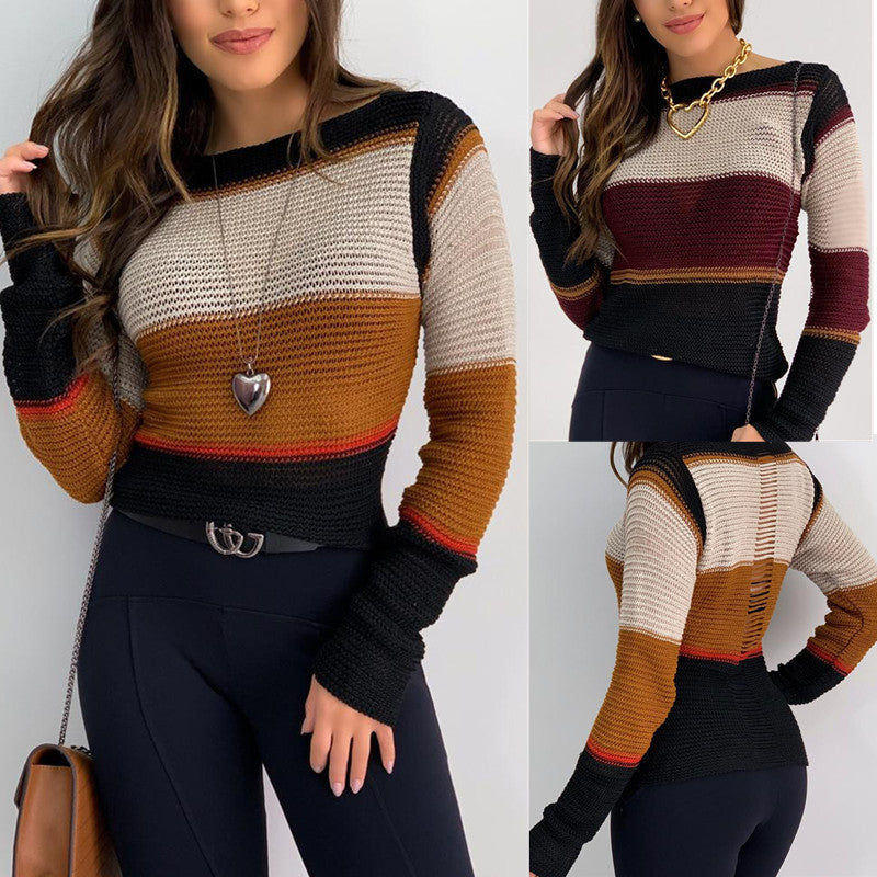 Fashion color matching hollow pullover sweater