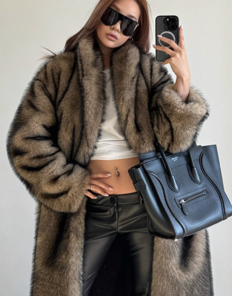 Extended Green Collar Fashion Fox Fur Coat
