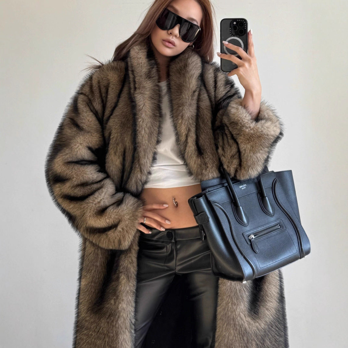 Extended Green Collar Fashion Fox Fur Coat
