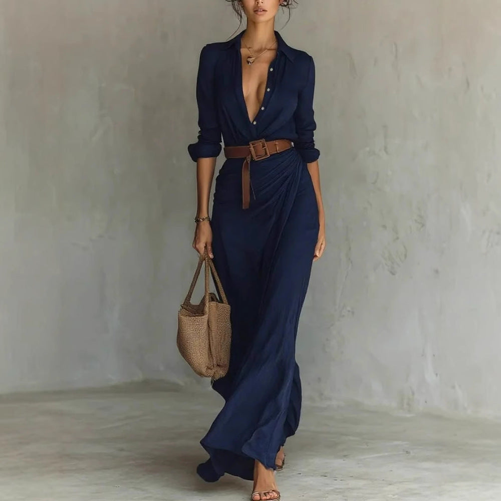 Elegant Button Lapel Long-sleeved Shirt Dresses