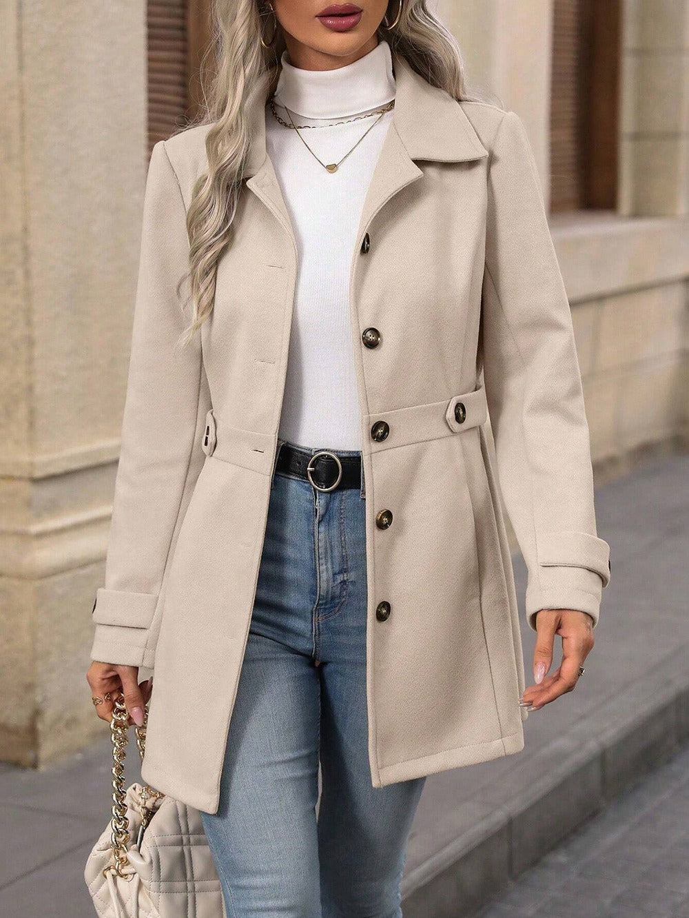 Coat Buttons Lapel Mid-length Jacket