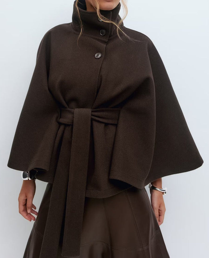 Winter High Neck Batwing Sleeve Coat With Belt