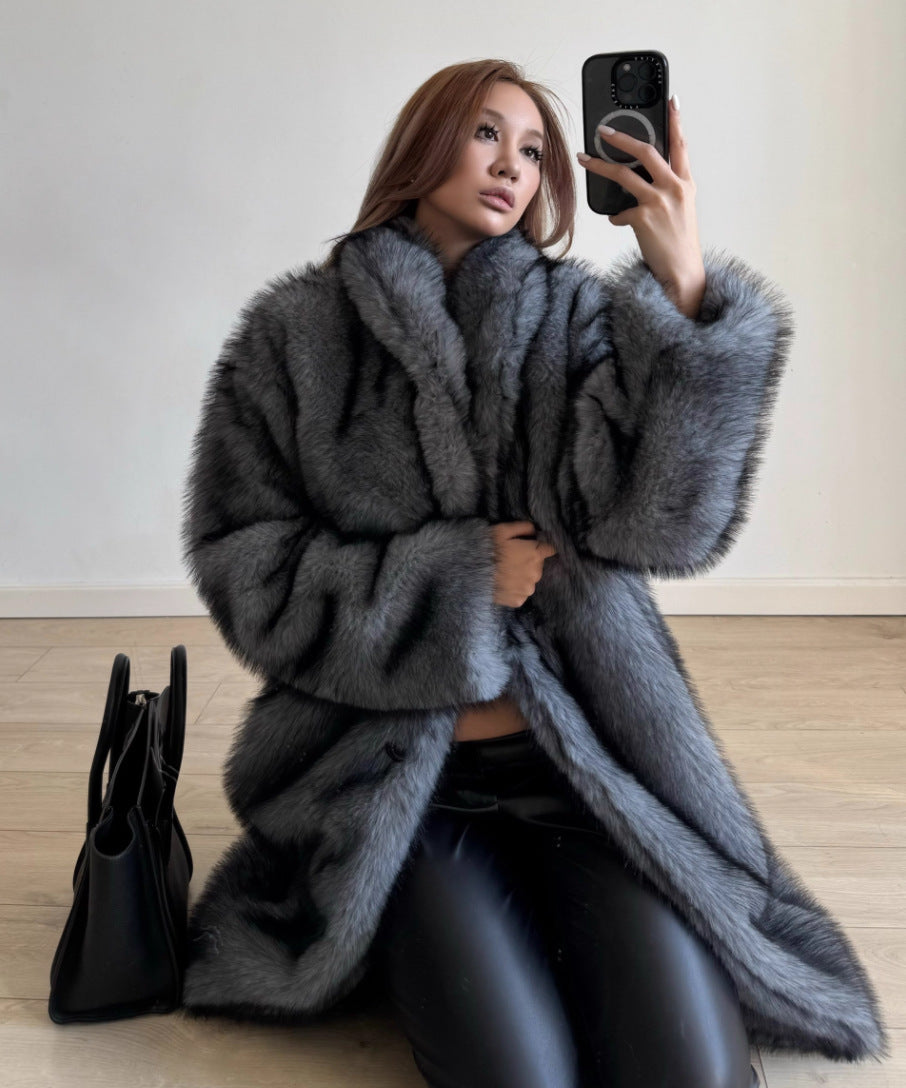 Extended Green Collar Fashion Fox Fur Coat