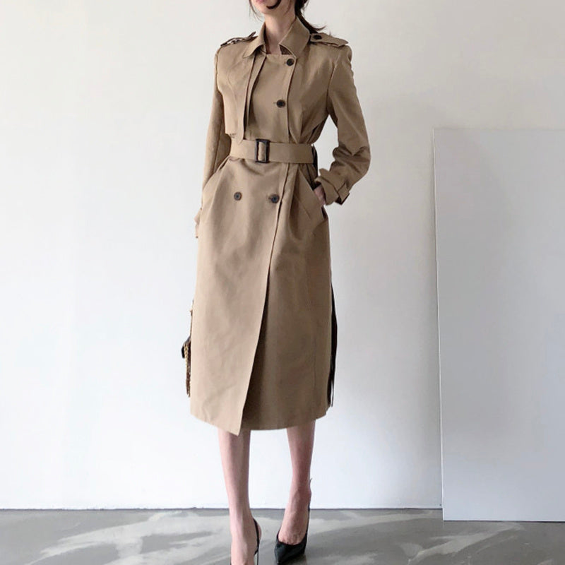 Lapel Double Breasted Nipped Waist Straight Over-the-Knee Mid-Length Trench Coat