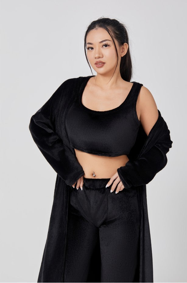 Cozy 3-Piece Women’s Loungewear Set – Crop Top, Wide-Leg Pants & Cardigan