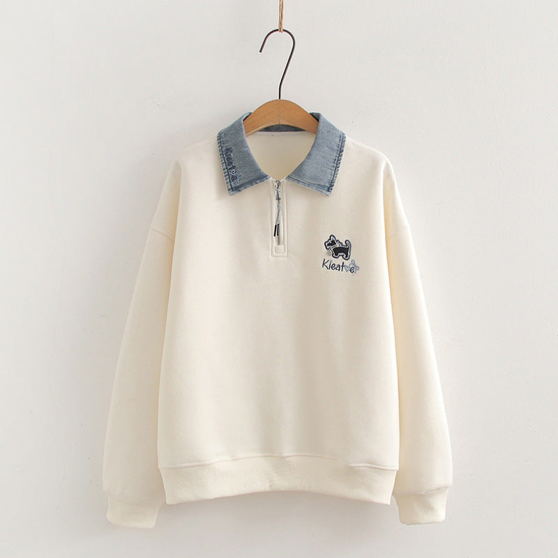Denim Collar Stitching Polo Collar False Two-piece Sweaters