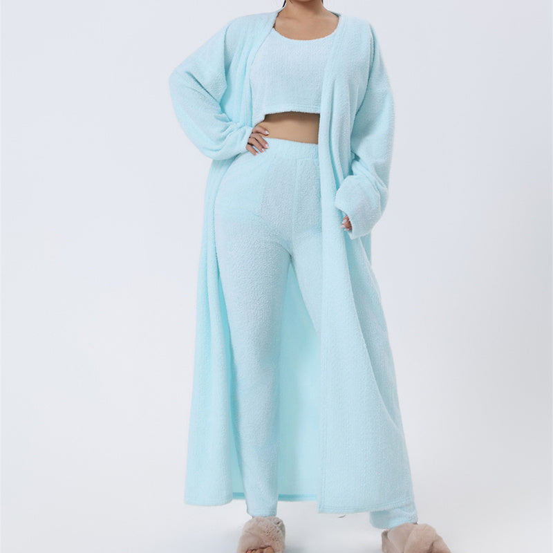 Cozy 3-Piece Women’s Loungewear Set – Crop Top, Wide-Leg Pants & Cardigan