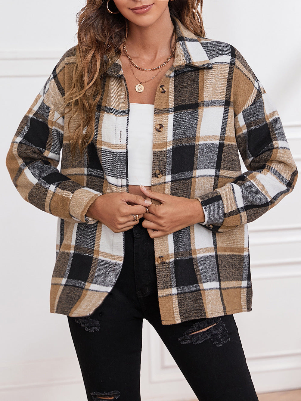✨ Plaid Woolen Lapel Cardigan – Elegant Single-Breasted Coat for Women