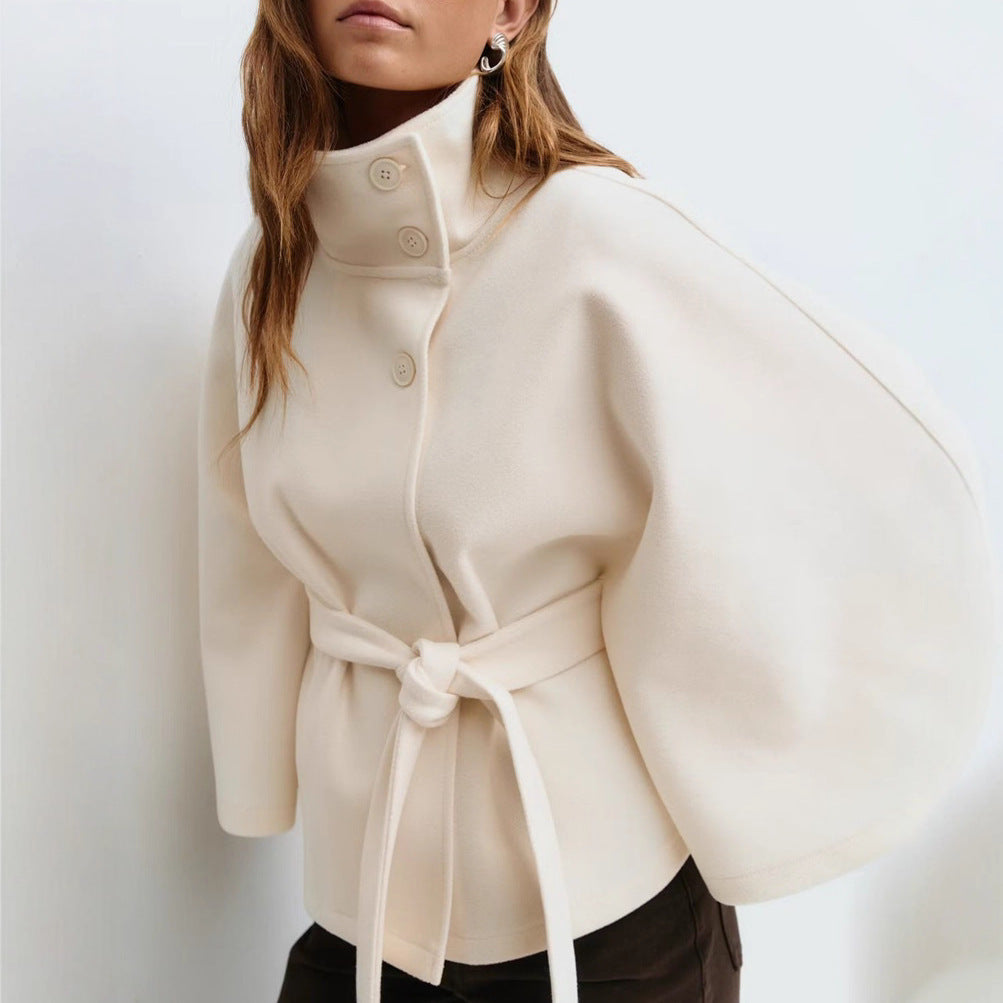 Winter High Neck Batwing Sleeve Coat With Belt