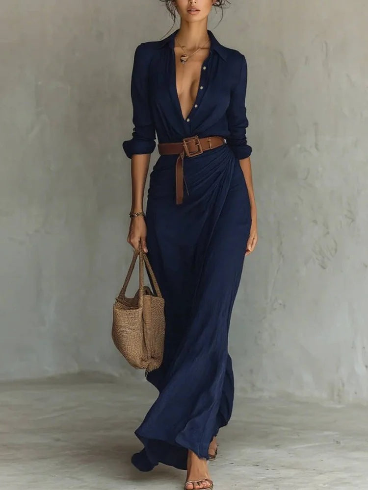 Elegant Button Lapel Long-sleeved Shirt Dresses