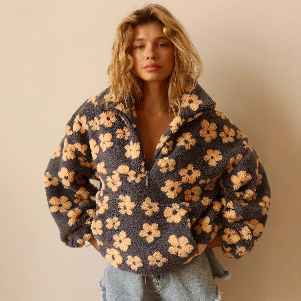 Casual Loose Zip-up Lapel Pullover Top Women's Clothing