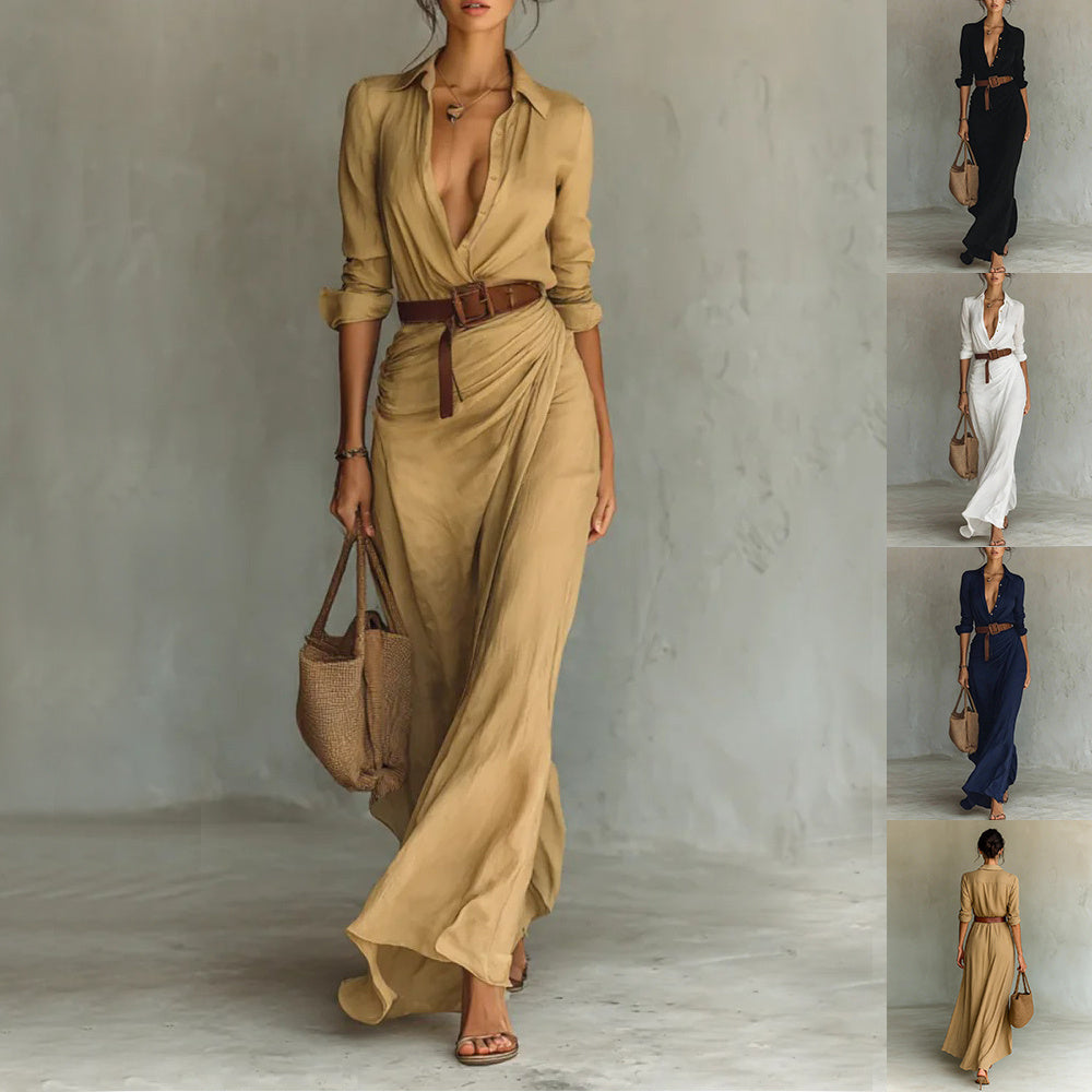 Elegant Button Lapel Long-sleeved Shirt Dresses