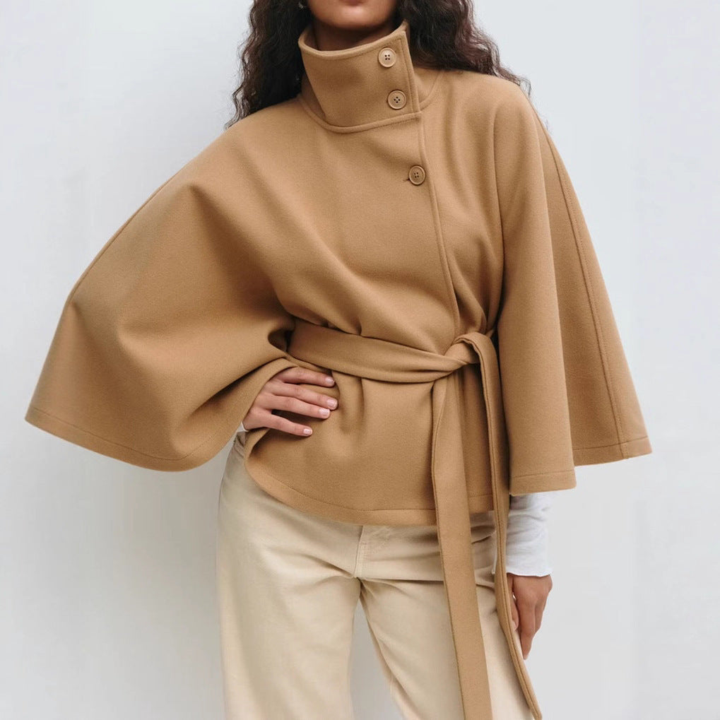 Winter High Neck Batwing Sleeve Coat With Belt