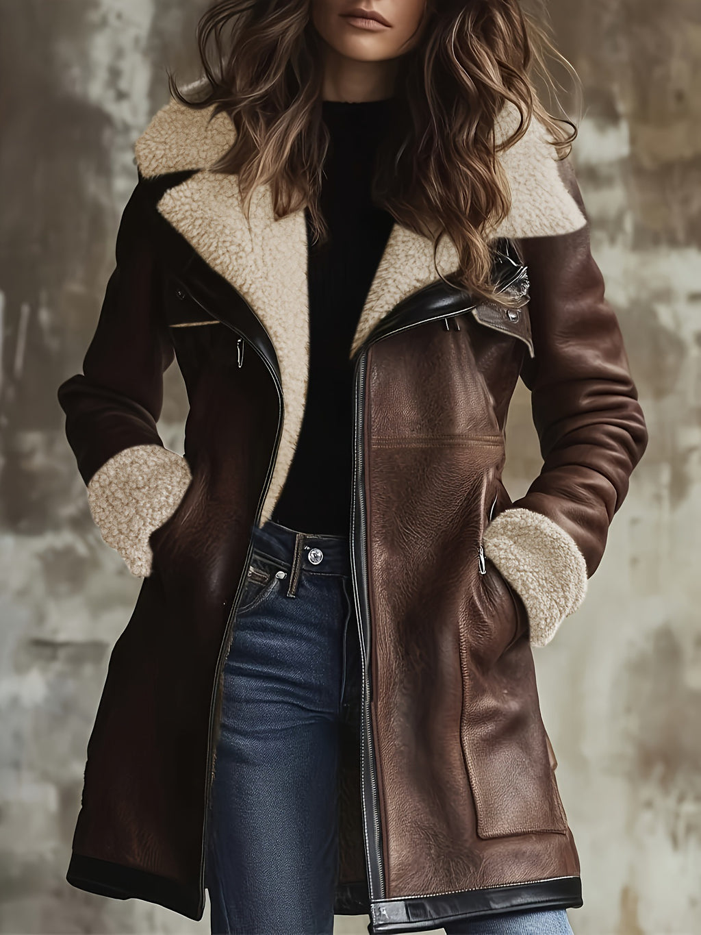 Faux Suede Zipper Composite Fur Integrated Turn-down Collar Coat