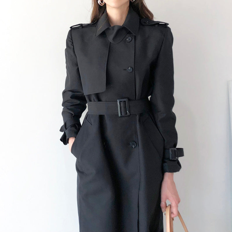 Lapel Double Breasted Nipped Waist Straight Over-the-Knee Mid-Length Trench Coat