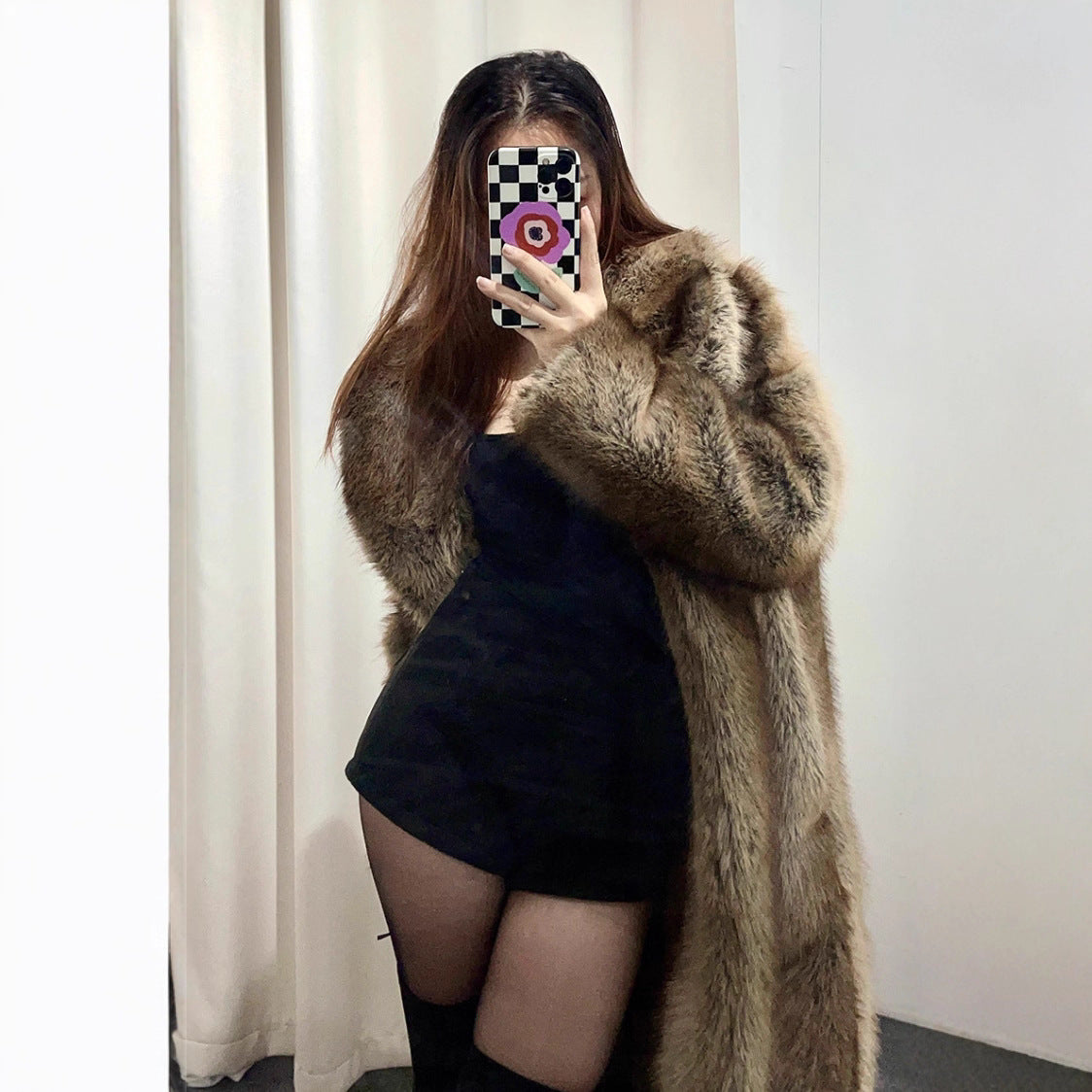 Extended Green Collar Fashion Fox Fur Coat