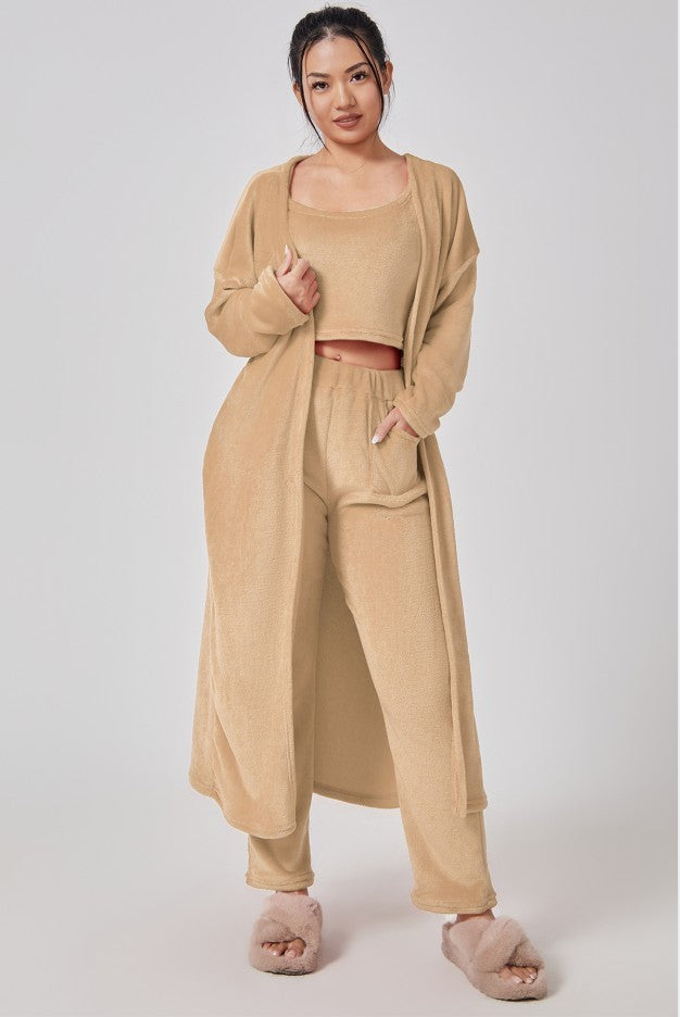 Cozy 3-Piece Women’s Loungewear Set – Crop Top, Wide-Leg Pants & Cardigan