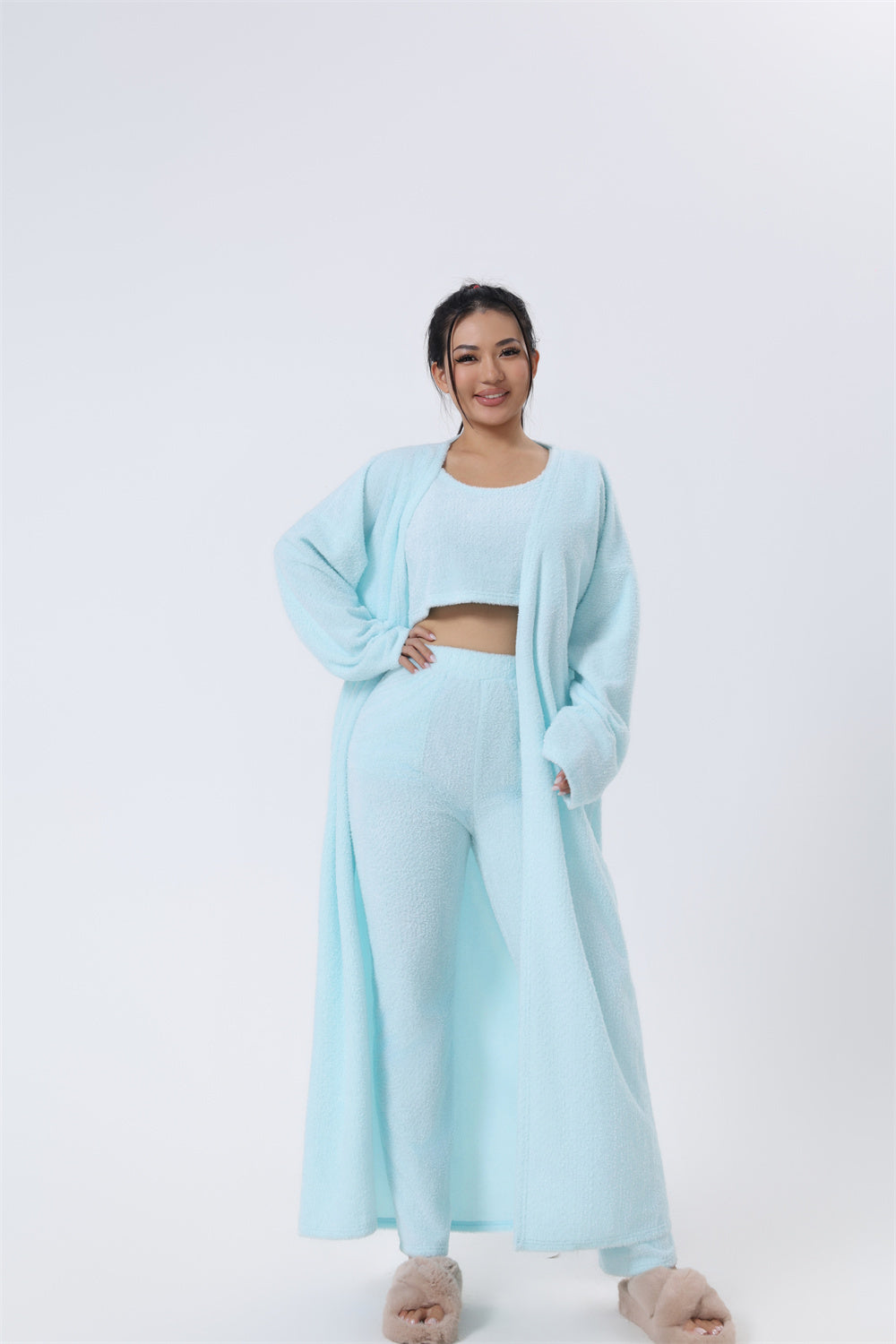 Cozy 3-Piece Women’s Loungewear Set – Crop Top, Wide-Leg Pants & Cardigan