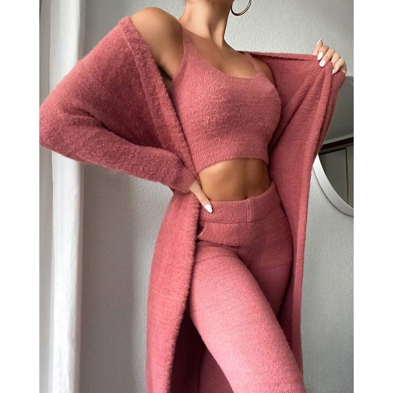 Cozy 3-Piece Women’s Loungewear Set – Crop Top, Wide-Leg Pants & Cardigan