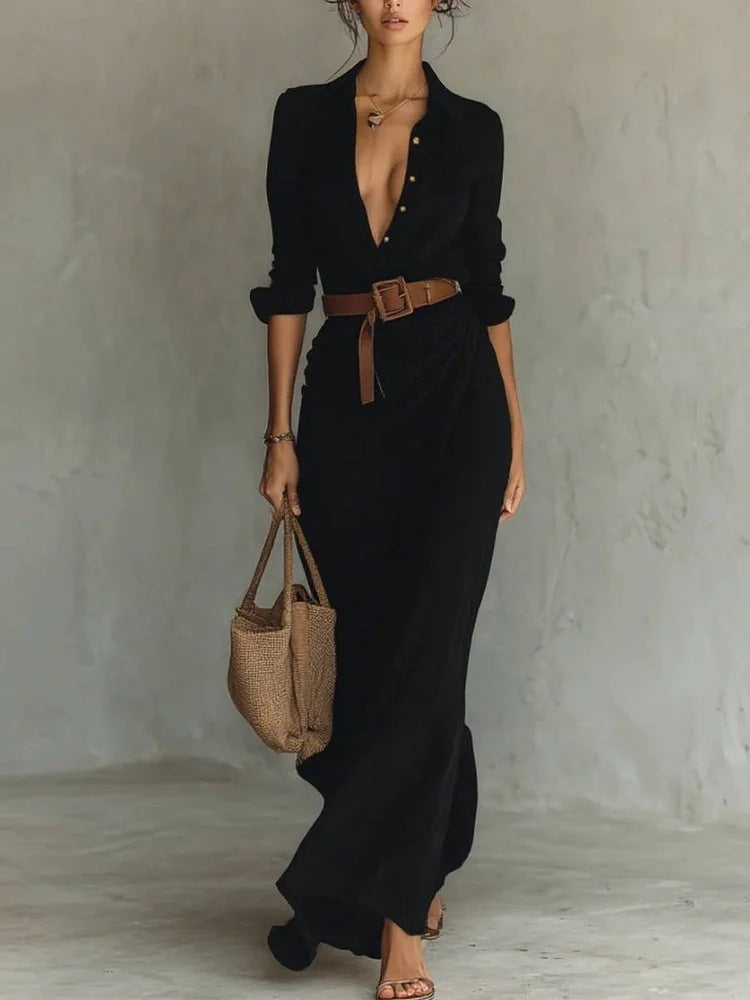 Elegant Button Lapel Long-sleeved Shirt Dresses