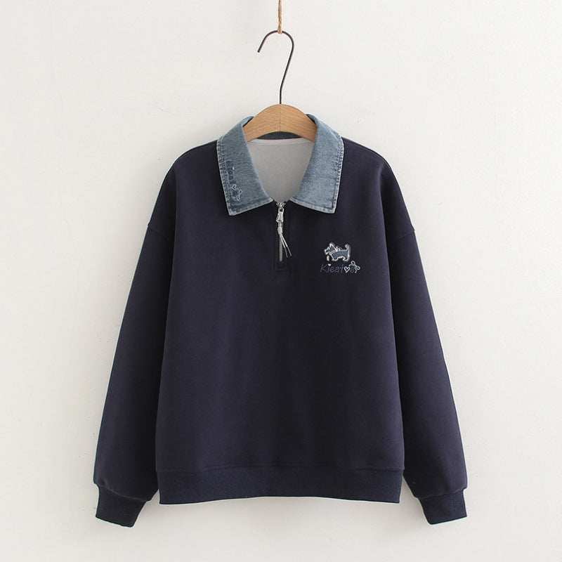 Denim Collar Stitching Polo Collar False Two-piece Sweaters