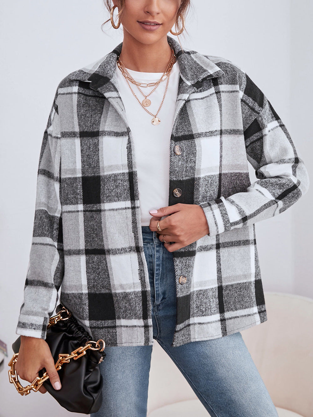 ✨ Plaid Woolen Lapel Cardigan – Elegant Single-Breasted Coat for Women