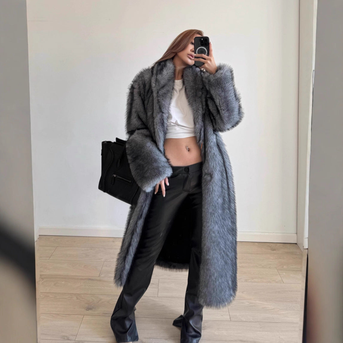 Extended Green Collar Fashion Fox Fur Coat