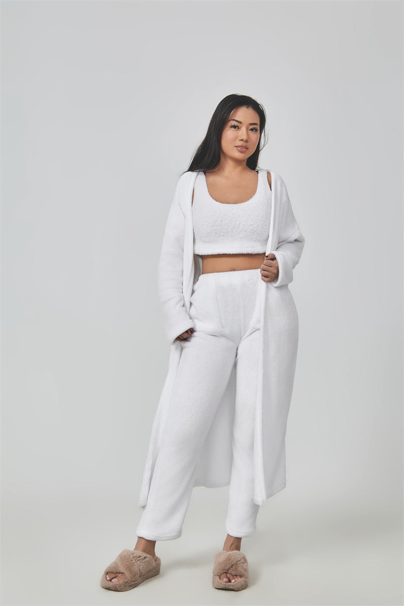 Cozy 3-Piece Women’s Loungewear Set – Crop Top, Wide-Leg Pants & Cardigan
